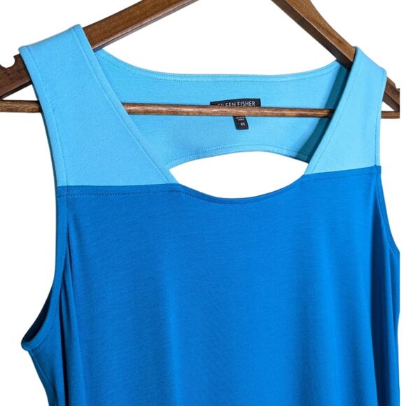 Eileen Fisher Colorblock Dress XS Blue Jersey Knit Cutout Back Two Tone - Picture 4 of 9